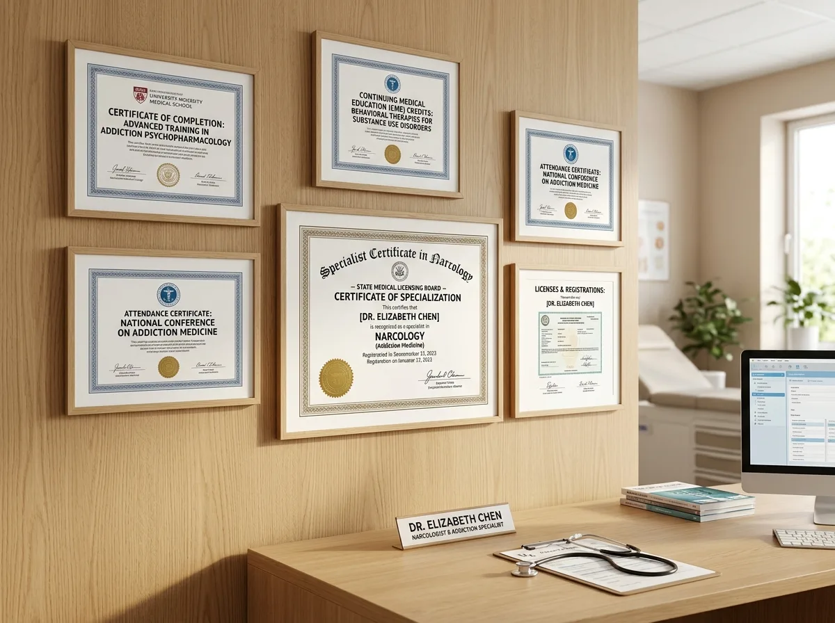 Сертификаты специалистов врачей-наркологов, официальные документы о повышении квалификации, медицинская клиника